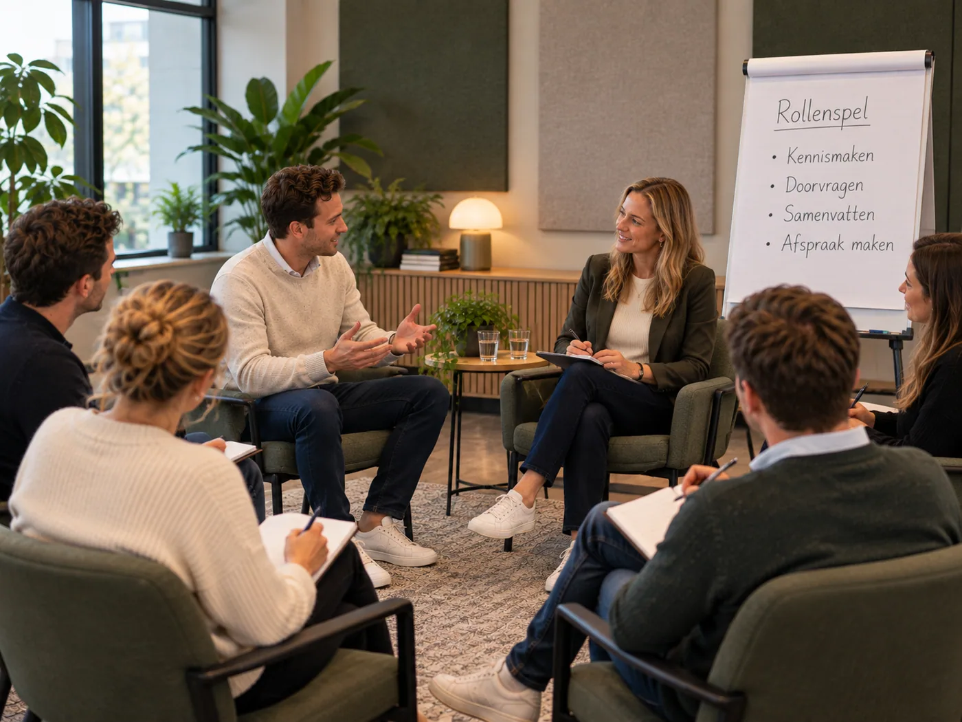 Een coach zit met vier deelnemers in een kring; op de flip-over de stappen van het rollenspel: kennismaken, doorvragen, samenvatten en afspraak maken.