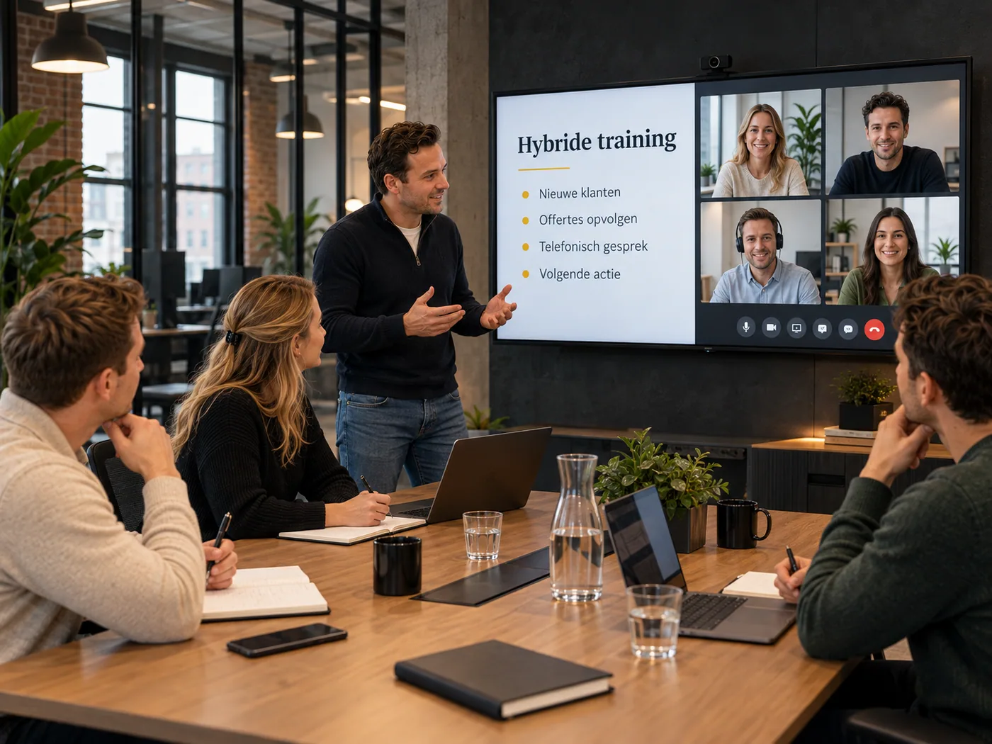 Een trainer geeft een hybride salestraining: vier deelnemers in de zaal, vier collega’s via video op het scherm, met de agenda nieuwe klanten, offertes opvolgen, telefonisch gesprek en volgende actie.
