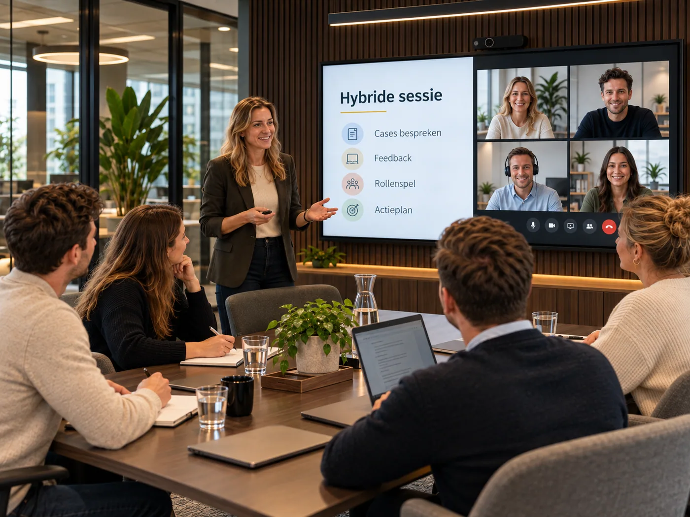 Een trainer leidt een hybride sessie met deelnemers aan tafel en collega’s via video; op het scherm de agenda cases bespreken, feedback, rollenspel en actieplan.