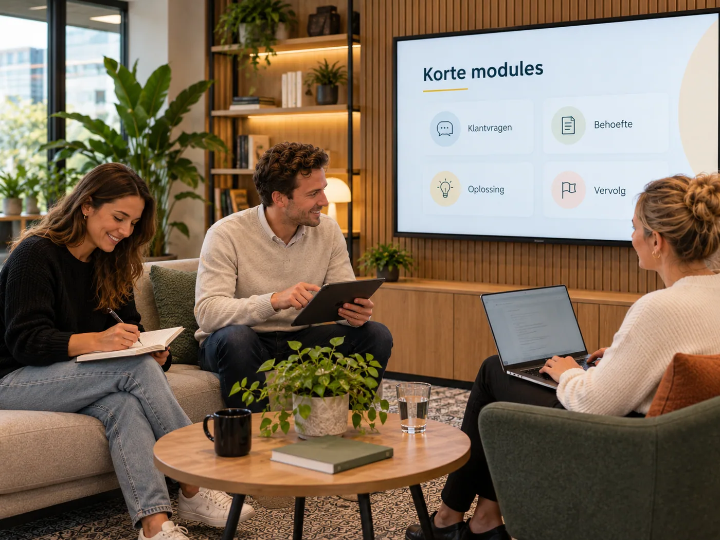 Twee collega’s op een bank met laptop; op het scherm vier korte modules: klantvragen, behoefte, oplossing en vervolg.