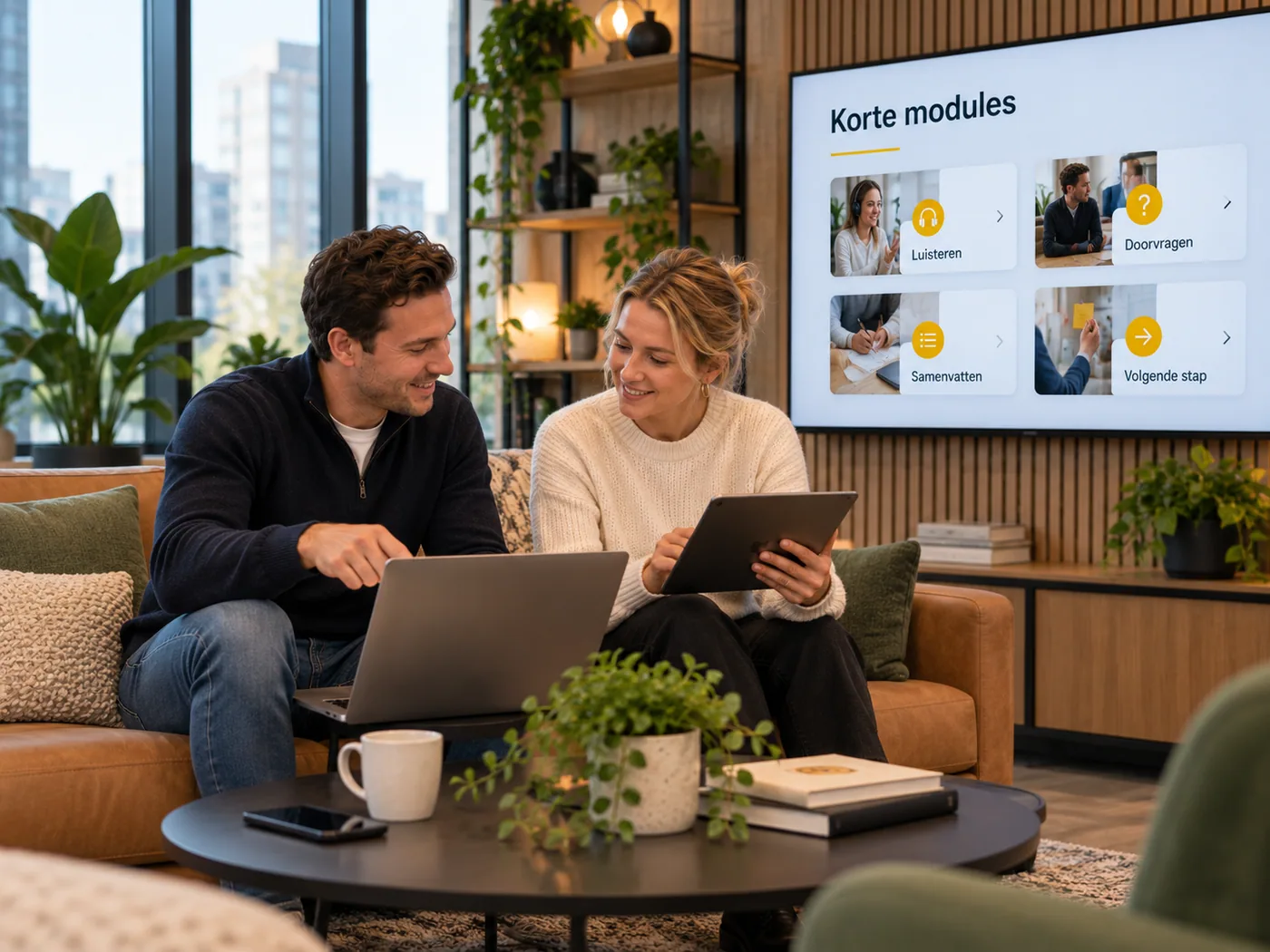 Twee collega’s op een bank met laptop en tablet volgen korte modules; op het scherm de onderdelen luisteren, doorvragen, samenvatten en volgende stap.
