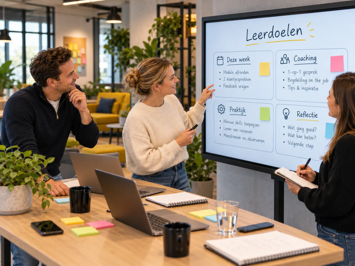 Twee collega’s bespreken de leerdoelen op een whiteboard met post-its: deze week, coaching, praktijk en reflectie.