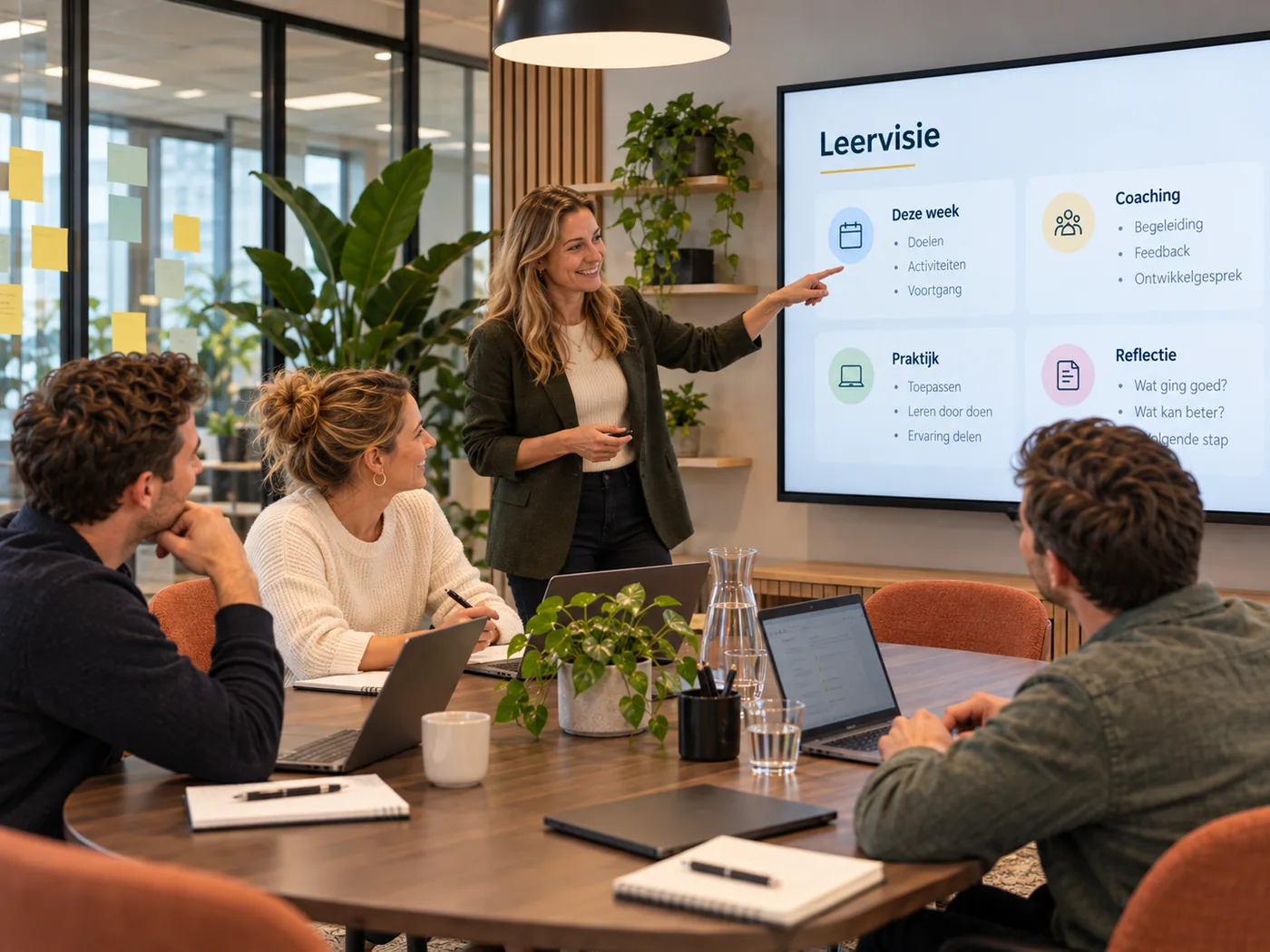 Een trainer legt aan een groep de leervisie uit op het scherm: deze week, coaching, praktijk en reflectie.