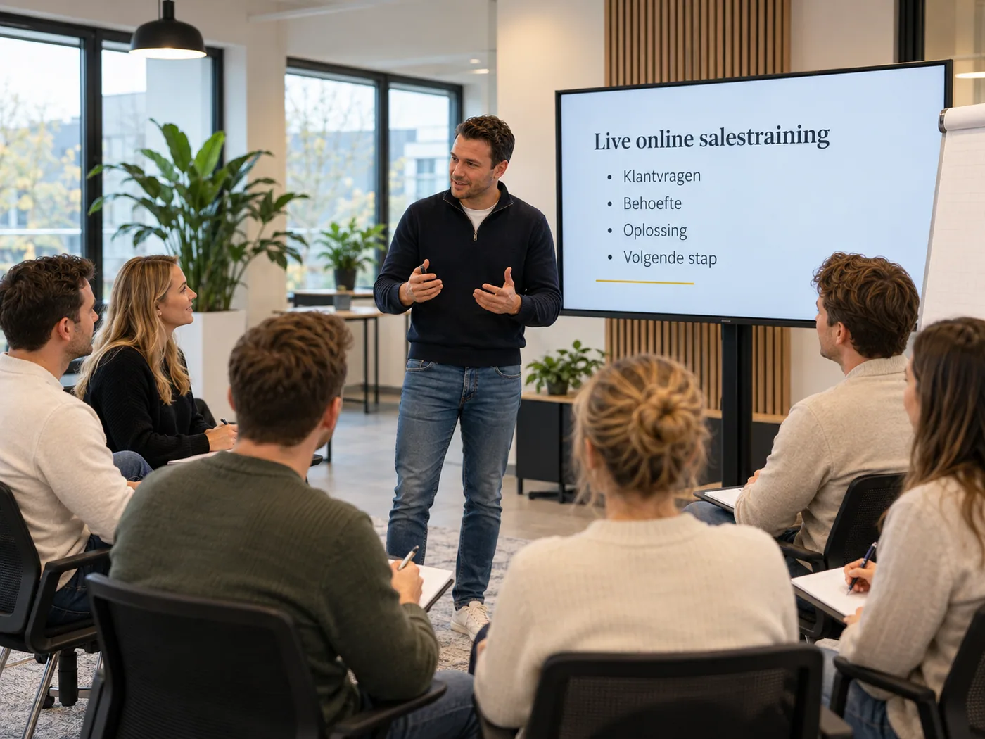 Een trainer staat voor een groep tijdens een live online salestraining; op het scherm de gespreksstructuur klantvragen, behoefte, oplossing en volgende stap.