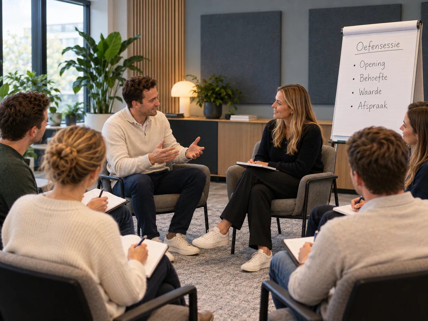 Een coach oefent een klantgesprek met drie deelnemers in een kring; op de flip-over de oefensessie in vier stappen: opening, behoefte, waarde en afspraak.