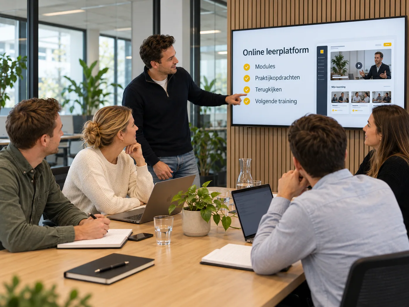 Een trainer wijst op een scherm met het online leerplatform van Sales Campus: modules, praktijkopdrachten, terugkijken en de volgende training. Drie deelnemers volgen het aan tafel met laptop en notitieboek.