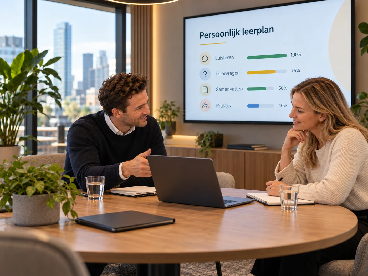 Een coach en een deelnemer bekijken het persoonlijke leerplan op het scherm: luisteren, doorvragen, samenvatten en praktijk, elk met een voortgangspercentage.