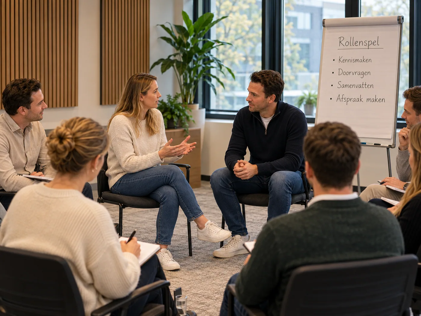 Drie deelnemers spelen een verkoopgesprek na in een kring terwijl de groep meekijkt; op de flip-over de stappen van het rollenspel: kennismaken, doorvragen, samenvatten, afspraak maken.