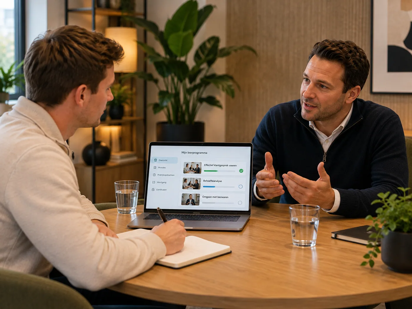 Een salescoach in gesprek met een deelnemer aan tafel; op de laptop tussen hen staat het persoonlijke leerpad met afgeronde modules.