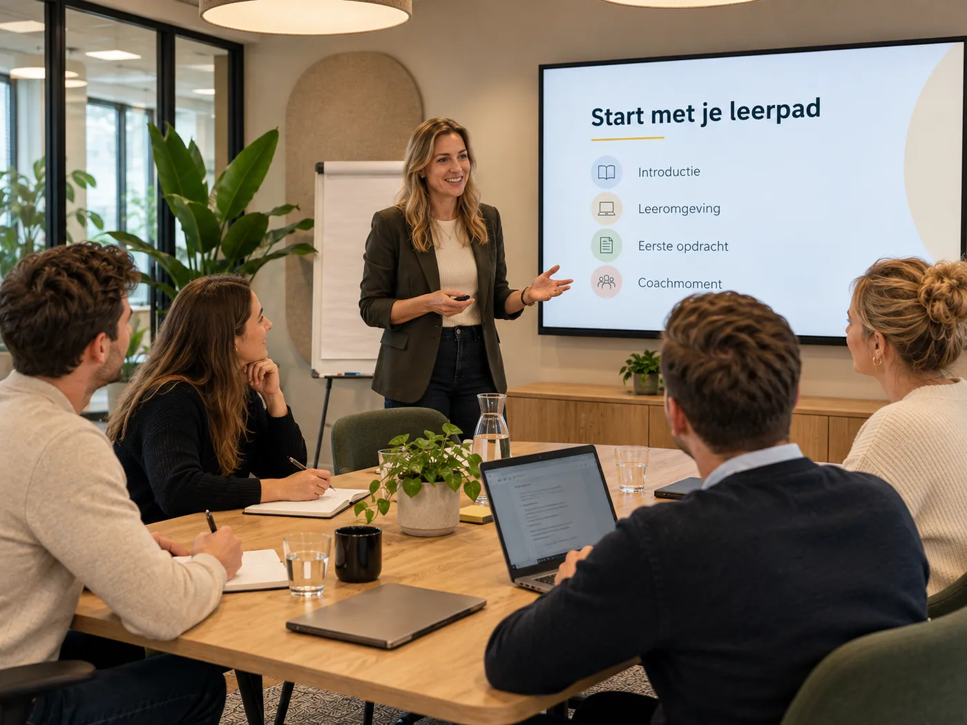 Een trainer legt aan drie nieuwe collega’s het onboardingleerpad uit; op het scherm de stappen introductie, leeromgeving, eerste opdracht en coachmoment.