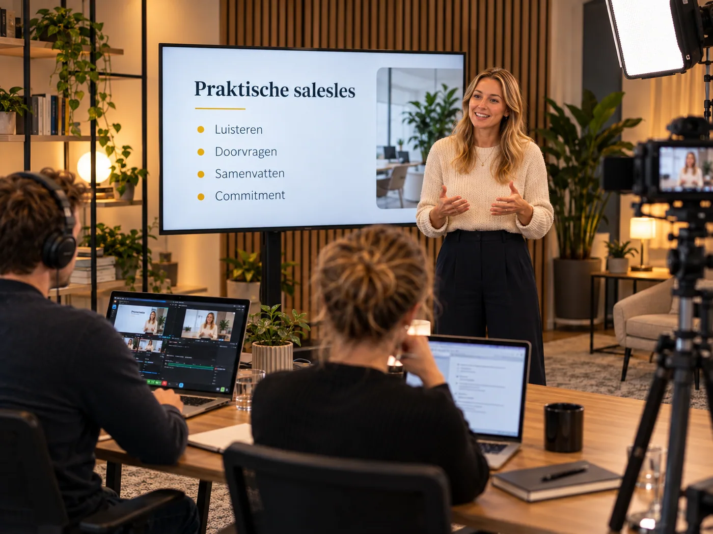 Een trainer neemt in de studio een praktische salesles op voor de campus, met camera, lampen en op het scherm de onderdelen luisteren, doorvragen, samenvatten en commitment.