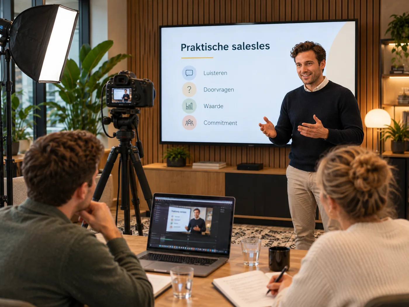 Een salestrainer staat voor de camera in de studio en geeft een praktische salesles; op de laptop op de voorgrond loopt de opname mee.