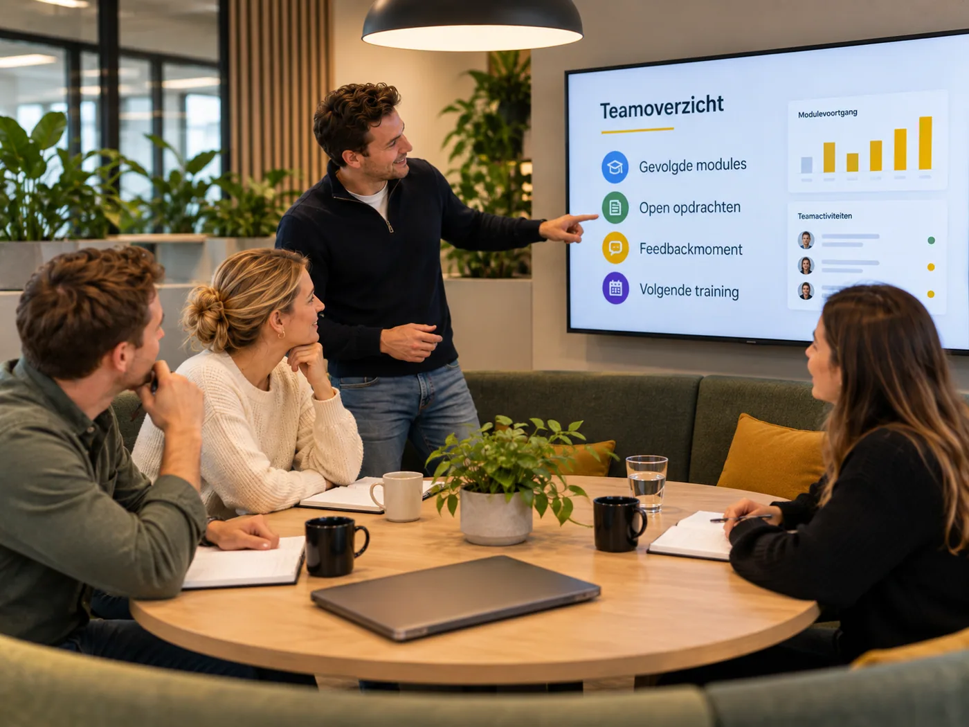 Een salescaptain wijst op het teamoverzicht op het scherm: gevolgde modules, open opdrachten, feedbackmoment en volgende training, met een staafgrafiek van de voortgang.