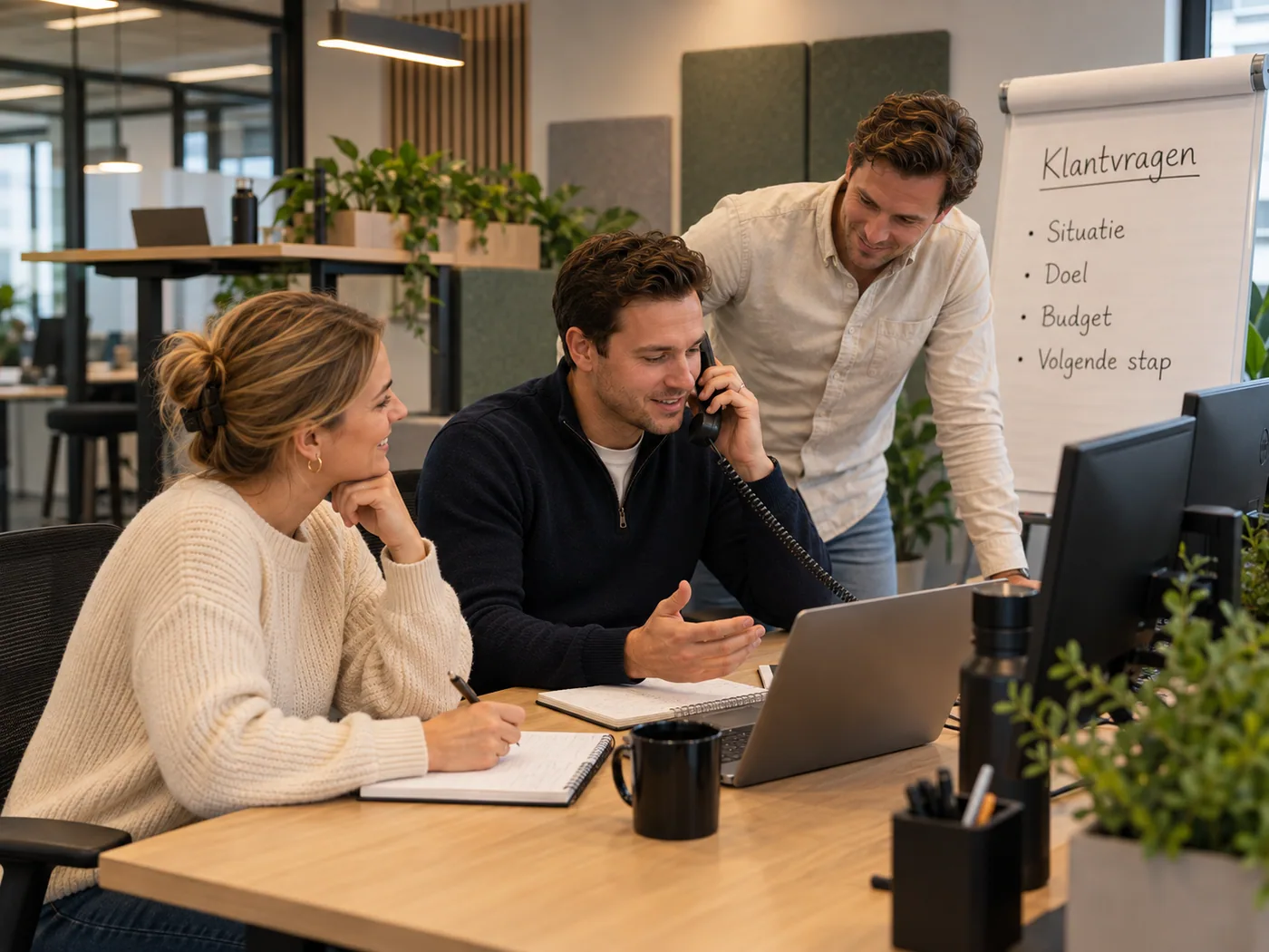 Memodo Nederland: Een verkoper belt staand met een klant terwijl twee collega’s meeluisteren; op de flip-over staan de klantvragen situatie, doel, budget en volgende stap.