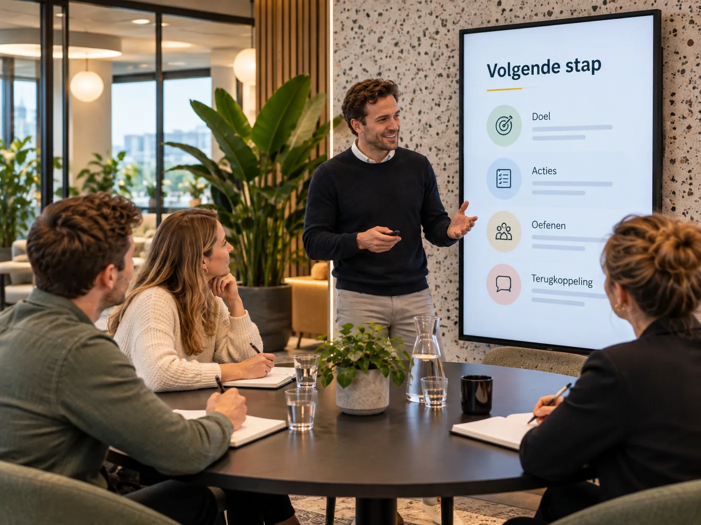 PontMeyer: Een trainer staat voor een salesteam aan tafel en bespreekt de volgende stap: doel, oefenen en terugkoppeling op het scherm.