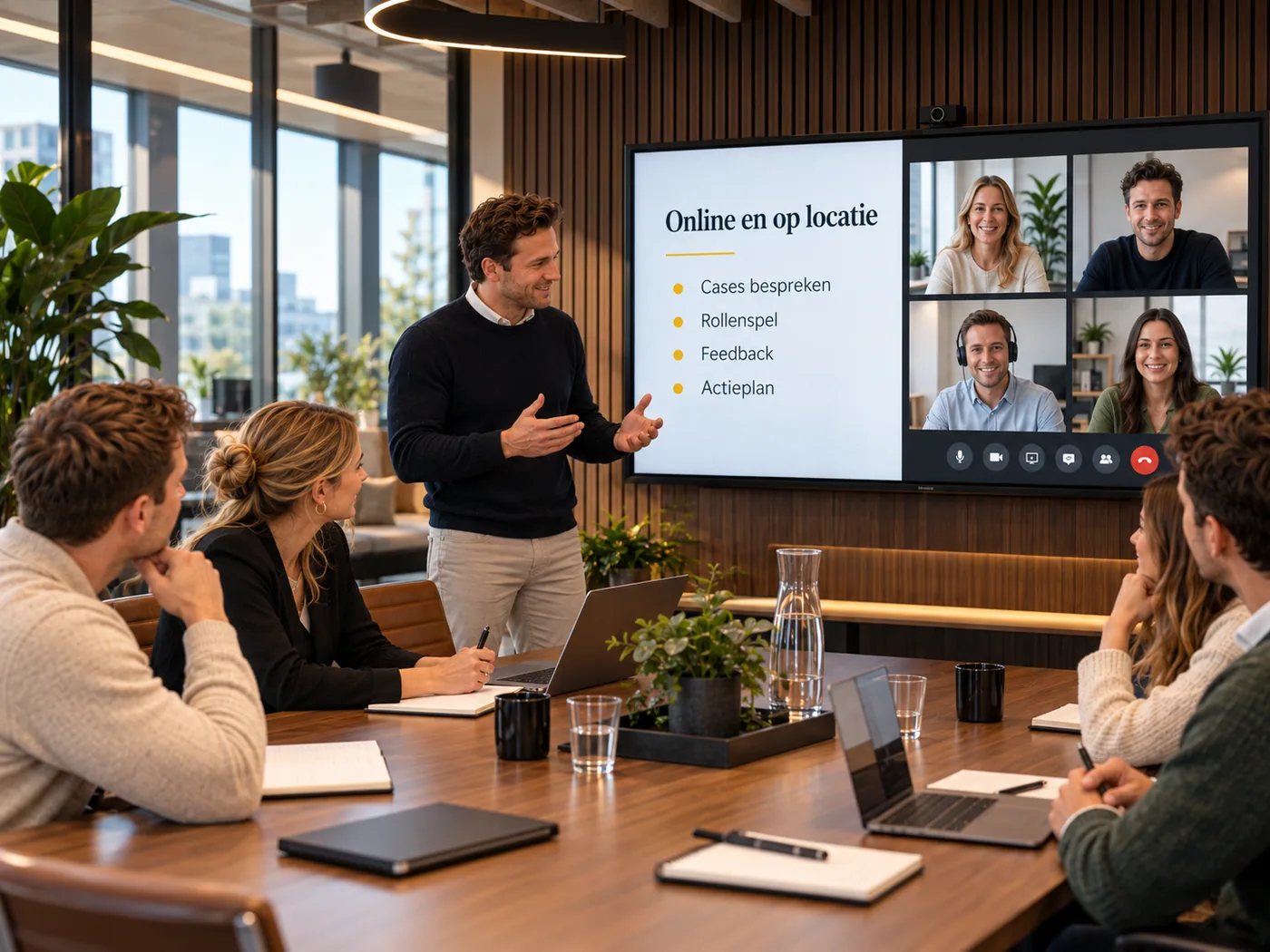 Een trainer bespreekt cases met deelnemers in de zaal en collega’s via video; op het scherm de agenda cases bespreken, rollenspel, feedback en actieplan.