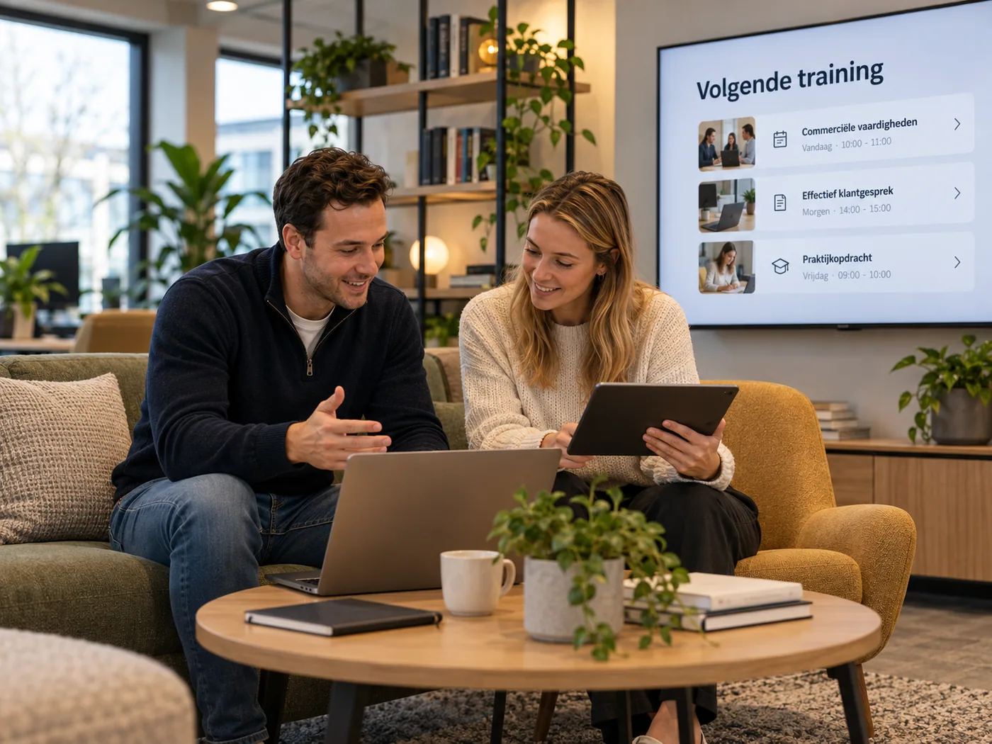 Twee collega’s op een bank kijken samen op een laptop naar de campus; op het scherm aan de wand staat de volgende training met drie modules.