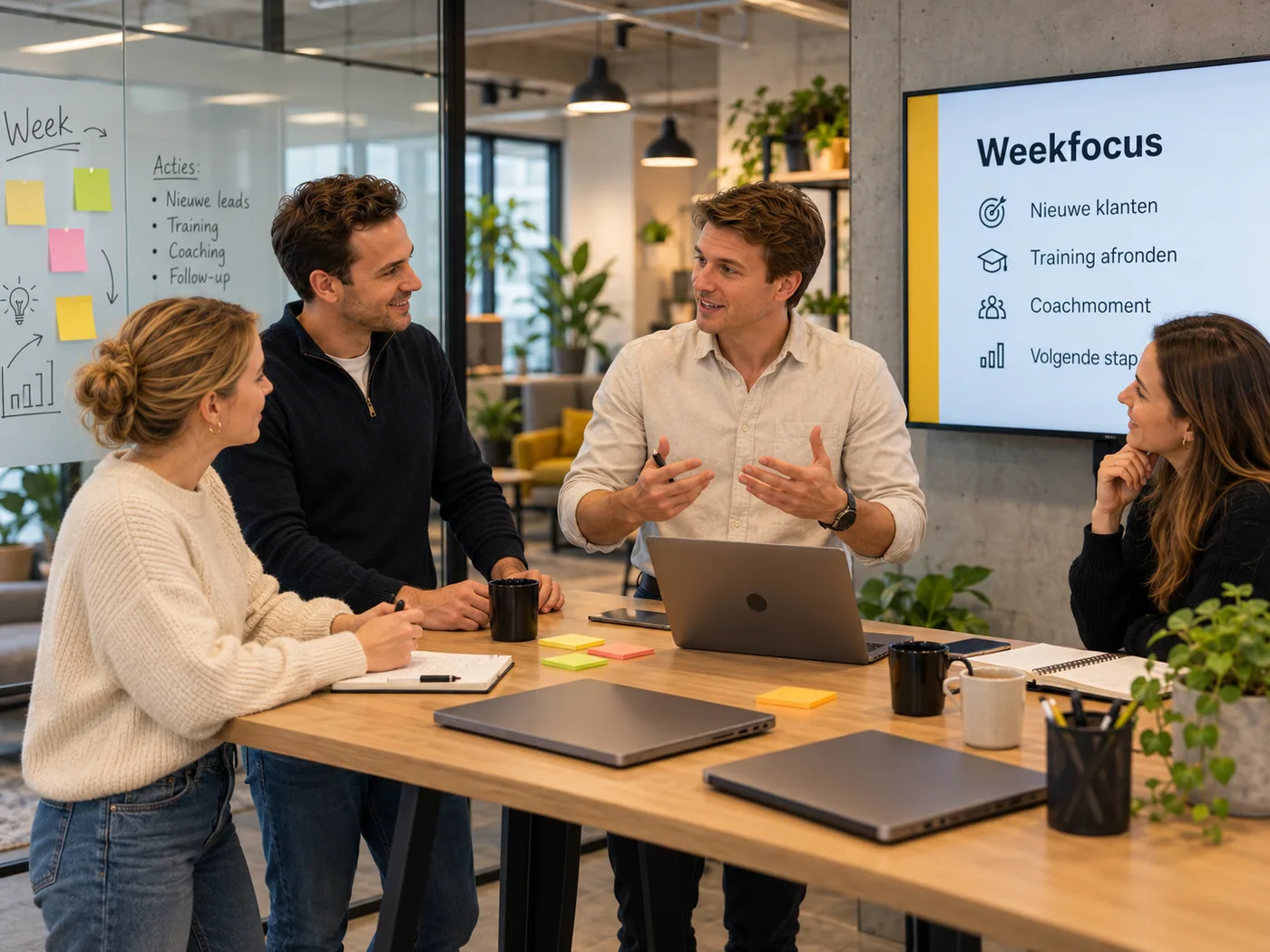 Een salesteam overlegt aan tafel met laptops en post-its; op het scherm de weekfocus: nieuwe klanten, training afronden, coachmoment en volgende stap.